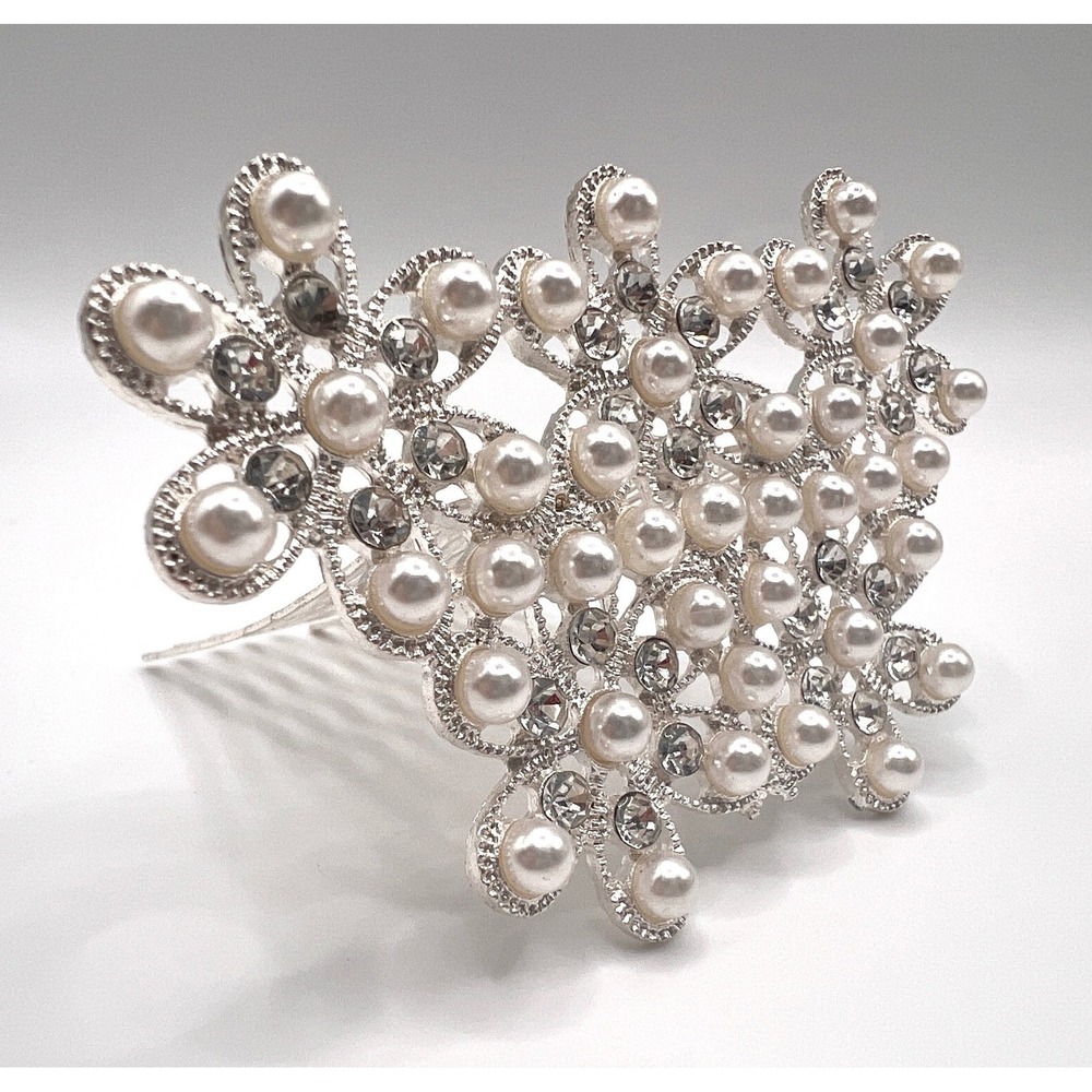 Vintage‎ Pearl Rhinestone Bridal Hair Comb Silver Tone Formal Updo Accessory - Picture 5 of 5